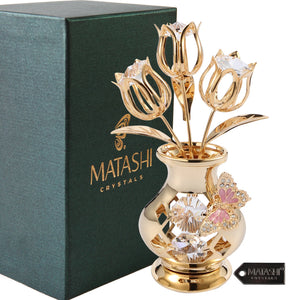 Matashi 24K Gold Plated Crystal Studded Flower Ornament in a Vase with Decorative Butterfly (Pink Crystals)