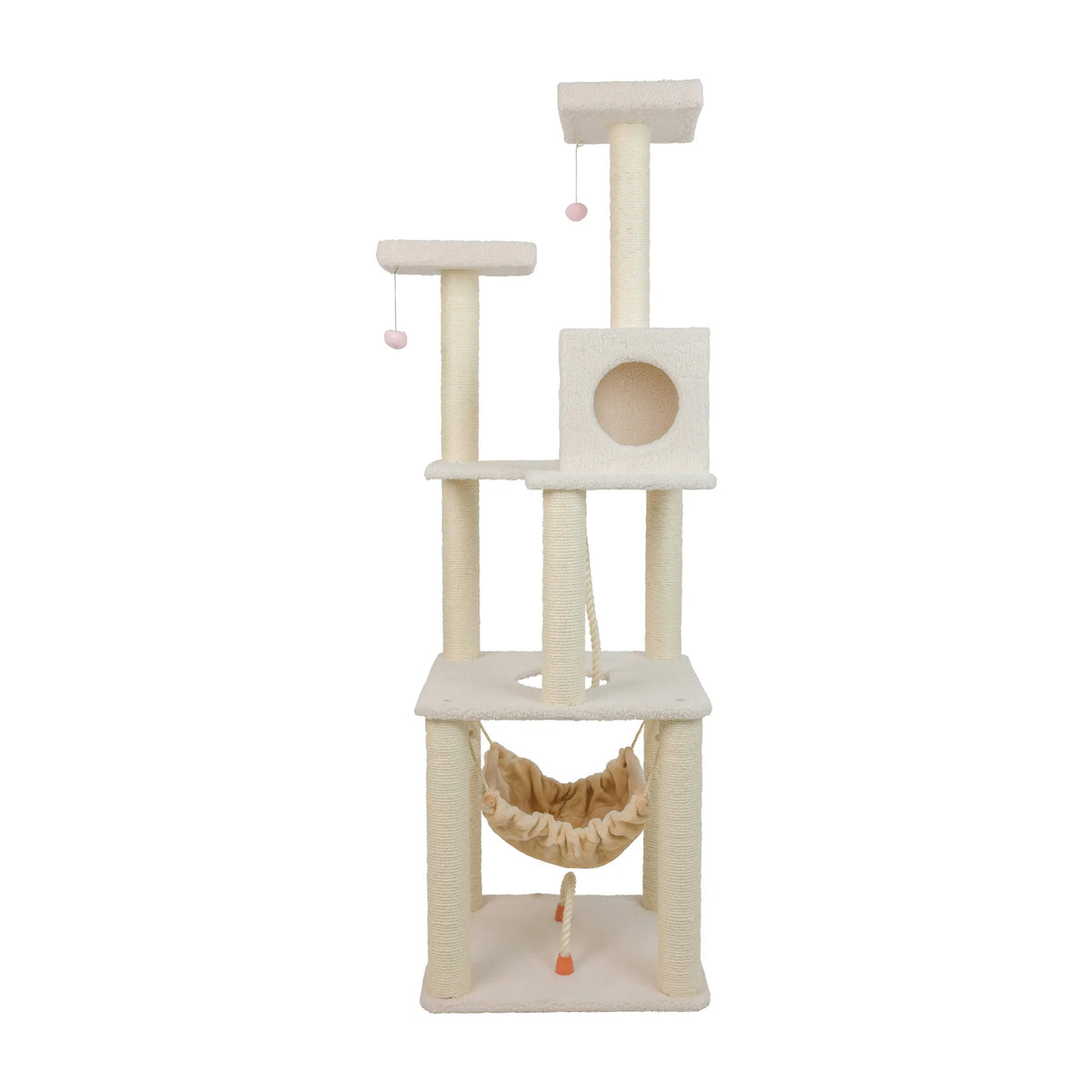 73-Inch Cat Tree with Hammock & Rope Swing – Ivory