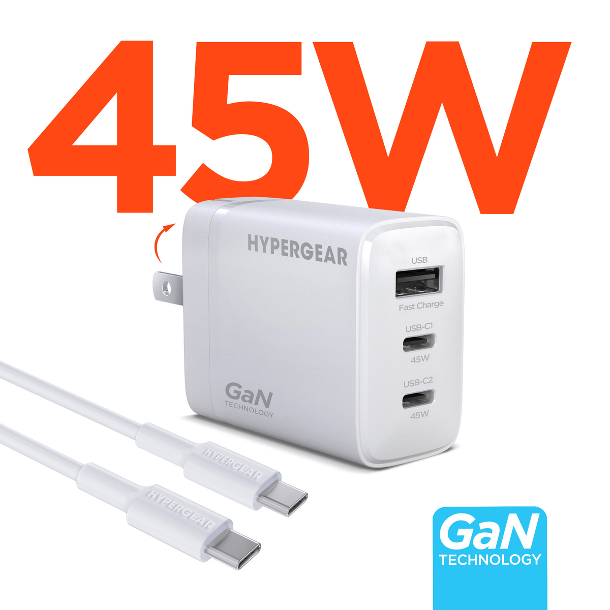 HyperGear SpeedBoost 45W Tri-Port GaN Wall Charger — view 1