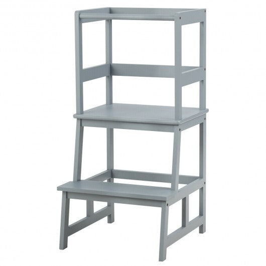 Kids Wooden Kitchen Step Stool with Safety Rail-Brown