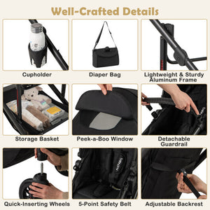 3-in-1 Folding Convertible Newborn Stroller with Detachable Bassinet-Black - Color: Black