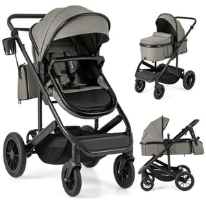 3-in-1 Folding Convertible Newborn Stroller with Detachable Bassinet-Gray - Color: Gray