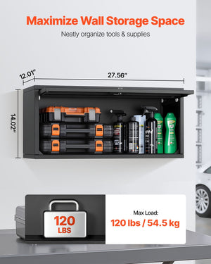 Metal Wall Cabinet, 27.56W x 12.01D x 14.02H Inch, Floating Garage Tool Cabinet with Up-Flip Door, 120 lbs Load per Shelf, Fit for Garage, Basement, Kitchen, Warehouse, Assembly Required