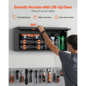 Metal Wall Cabinet, 27.56W x 12.01D x 14.02H Inch, Floating Garage Tool Cabinet with Up-Flip Door, 120 lbs Load per Shelf, Fit for Garage, Basement, Kitchen, Warehouse, Assembly Required