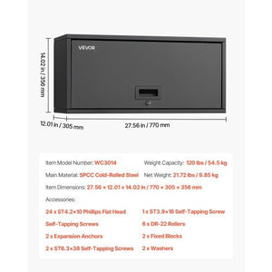 Metal Wall Cabinet, 27.56W x 12.01D x 14.02H Inch, Floating Garage Tool Cabinet with Up-Flip Door, 120 lbs Load per Shelf, Fit for Garage, Basement, Kitchen, Warehouse, Assembly Required