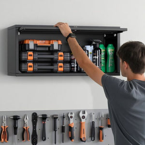 Metal Wall Cabinet, 27.56W x 12.01D x 14.02H Inch, Floating Garage Tool Cabinet with Up-Flip Door, 120 lbs Load per Shelf, Fit for Garage, Basement, Kitchen, Warehouse, Assembly Required