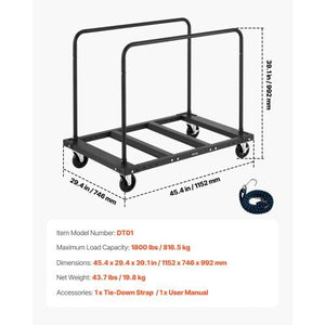 Drywall Cart Dolly, 1800 lbs Load Capacity, Steel Panel Truck Cart with 5 inch Swivel Casters, Lumber Drywall Dolly with Tie-Down Strap & 2 Side Handrails for Factory, Warehouse, Garage, Black
