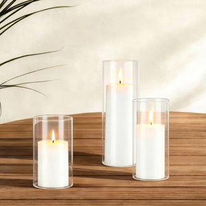 Pillar Candles and Glass Vases Set 72 Pcs, Clear Cylinder Hurricane Candle Holders for Wedding Centerpieces, Tall Vase for Table Decor, Wedding Party, Thanksgiving,White (2.56" x 4.7",5.9",7.9")