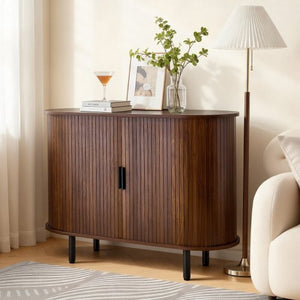 Coffee Bar Cabinet, Mid Century Fluted Coffee Bar Table, Buffet Stand Cabinet with 2 Sliding Doors, Sideboard Buffet Station for Living Room, Entryway, Kitchen, 39.3 x 15.7 x 29.5 in, Walnut