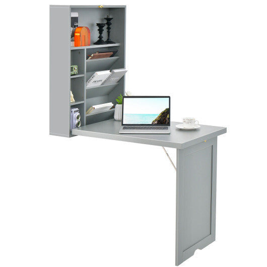 Wall-Mounted Fold-Out Convertible Floating Desk Space Saver-Gray - Color: Gray