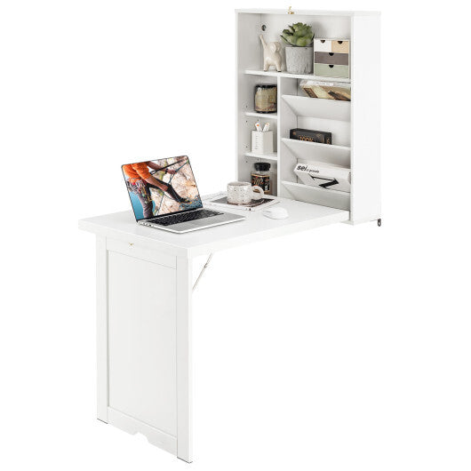 Wall Mounted Fold-Out Convertible Floating Desk Space Saver-White - Color: White