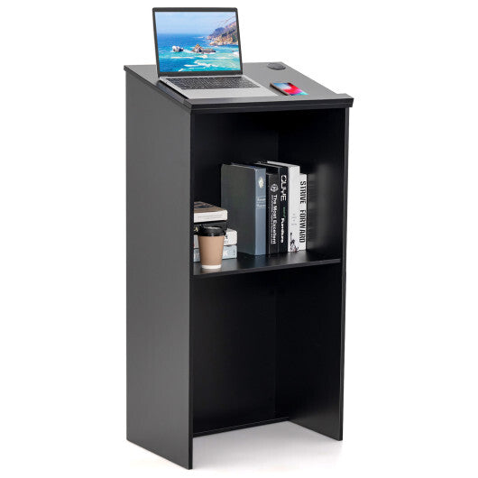 Wooden Floor Standing Podium Speaking Lectern-Black - Color: Black
