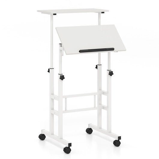Mobile Standing Desk Height-Adjustable Laptop Cart with Split Top and Hanging Hooks-White - Color: White