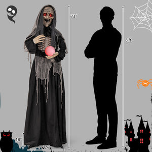 6ft Halloween Animatronics Standing Witch with Light Up Eyes and Magical Ball - Color: Black - Size: 6 ft