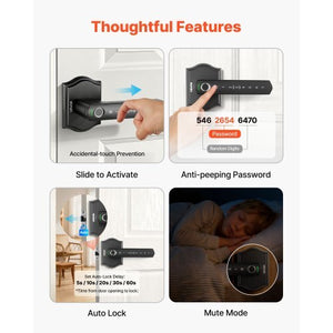 Fingerprint Door Lock Set, Electronic Biometric Knob Keyless Entry Door Lock with Handle, Auto Locking, One-Time Code, Anti-Peeking Password, Easy Installation, for Home, Apartment, Matte Black