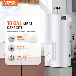 Electric Water Heater, 18 Gallon Tank Instant Hot Water Heater, 1.6Kw Tankless Water Heater w/ LED Display,Knob Control, IPX4 Waterproof Side Connection On Demand Heaters for Shower, Bath