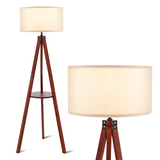 Tripod Floor Lamp Wood Standing Lamp with Flaxen Lamp Shade and E26 Lamp Base-Brown