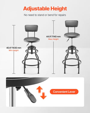 Shop Stool with Backrest, Pneumatic Garage Seat/Work Stool with 300 lbs Capacity, Adjustable Height Roller Creeper Seat, 360? Swivel Padded Workshop Stool, for Garage, Shop & Auto Repair, Black