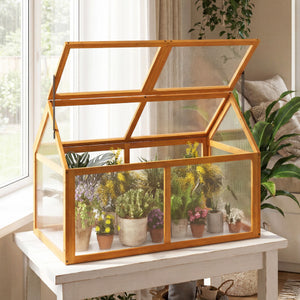 Wood Cold Frame Greenhouse Raised Flower Planter Protection with Adjustable Roof-Orange