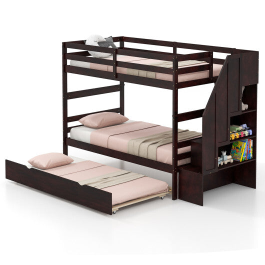 Home Wood Bunk Bed with Guard Rail and 4-step Storage Stairs No Box Spring Needed-Gray