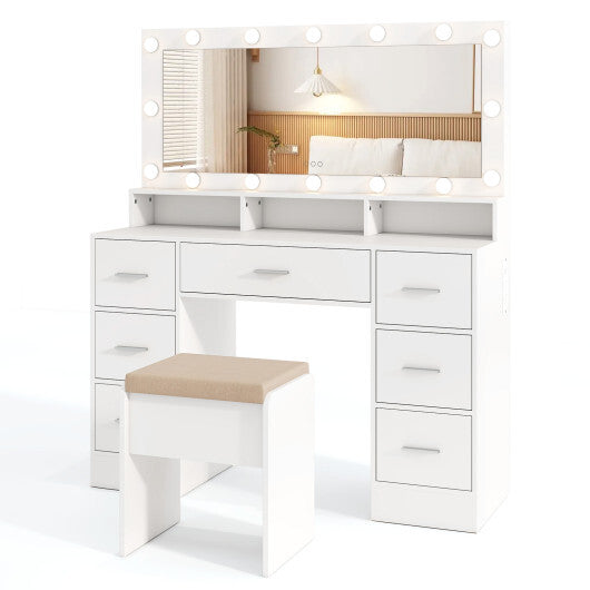 Makeup Vanity Desk with Mirror 3-Color LED Lights and Charging Station-Black