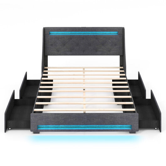 Queen Size Upholstered Platform Bed Frame with LED Lights and Charging Station-Grey