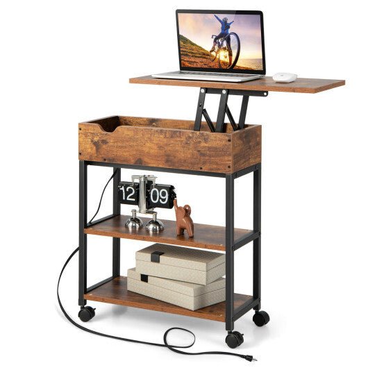 Lift Top End Table with Charging Station and Universal Wheels-Rustic Brown - Color: Rustic Brown