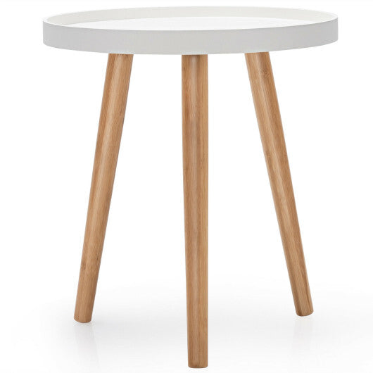 Round Side Sofa Coffee Table with Wooden Tray - Color: White