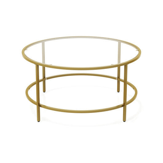 36 Inch Round Coffee Table with Tempered Glass Tabletop-Golden