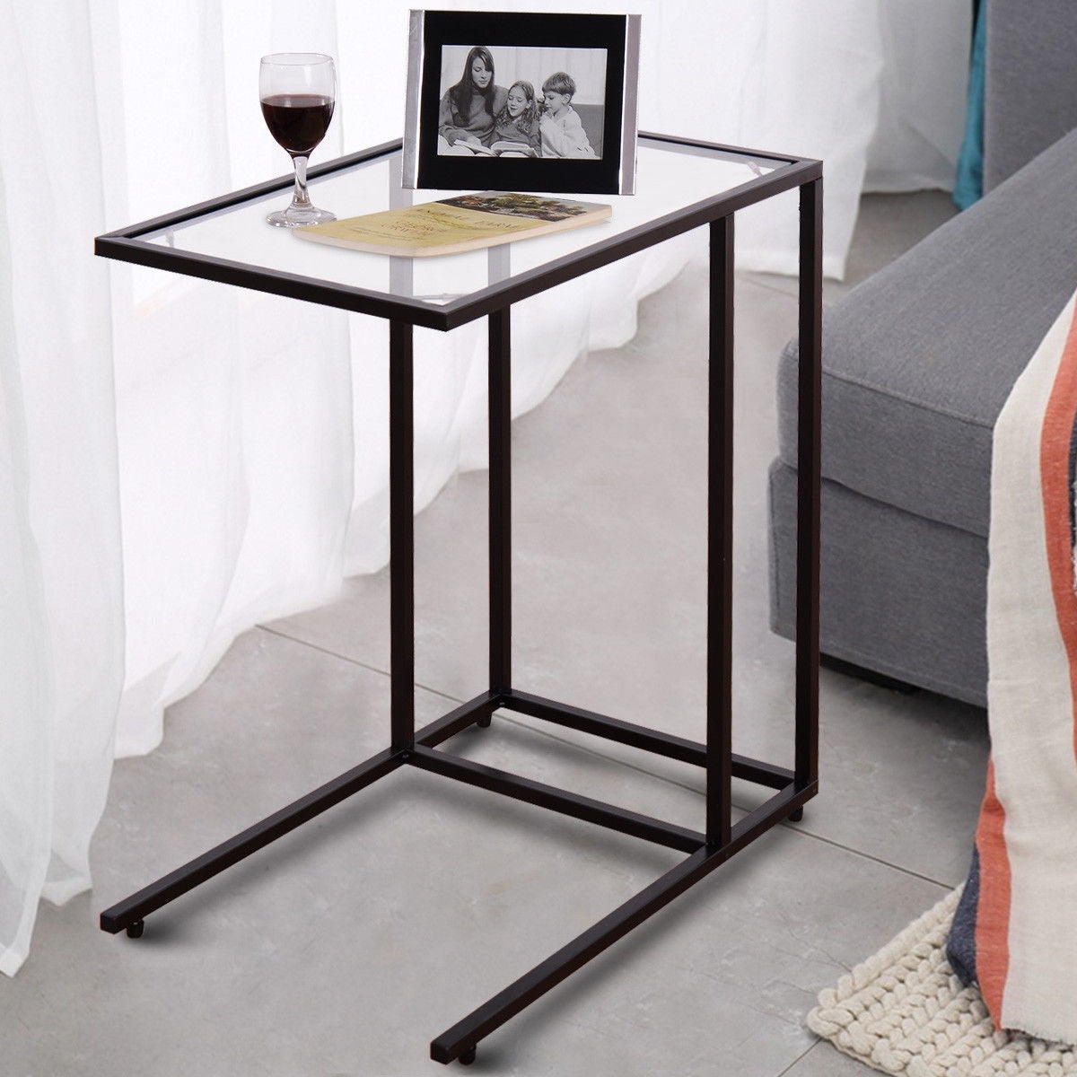 Sofa End Table Coffee Side Table with Glass Top - Color: Black
