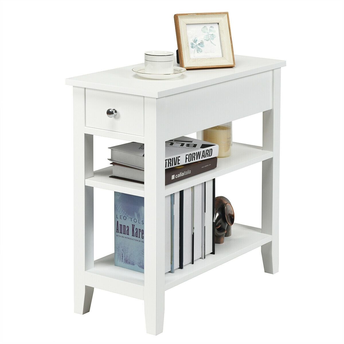 3-Tier Nightstand Bedside Table Sofa Side with Double Shelves Drawer-White - Color: White