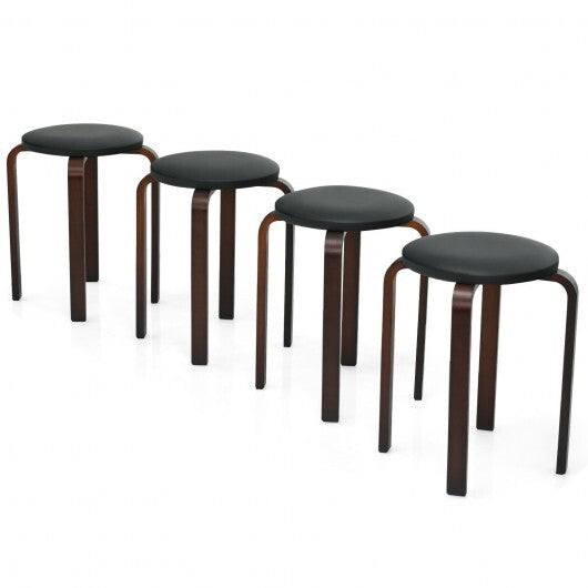 Set of 4 Bentwood Round Stool Stackable Dining Chairs with Padded Seat-Beige