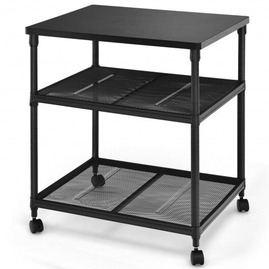 3 Tier Printer Stand Rolling Fax Cart with Adjustable Shelf and Swivel Wheels-Black - Color: Black