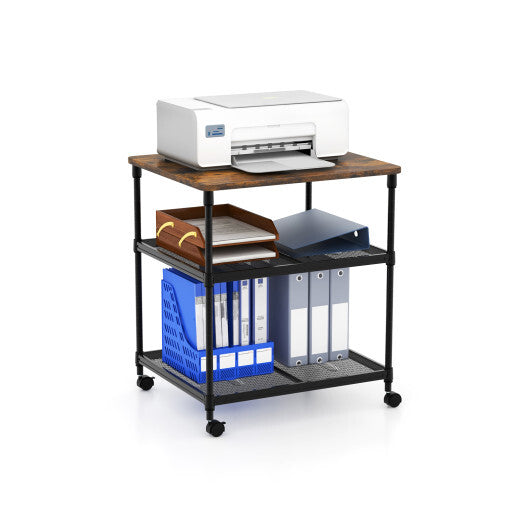 3 Tier Printer Stand Rolling Fax Cart with Adjustable Shelf and Swivel Wheels-Coffee - Color: Coffee