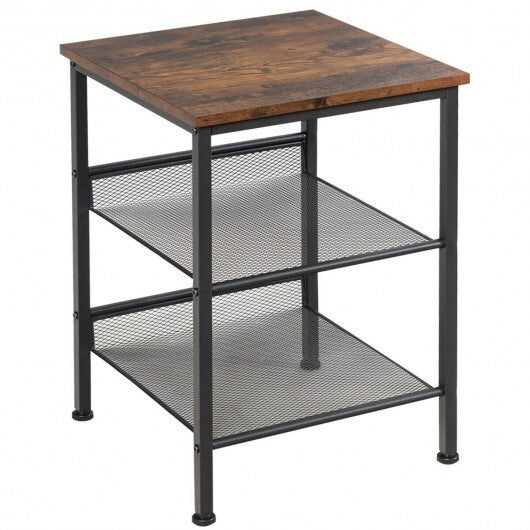 3-Tier Industrial End Table with Mesh Shelves and Adjustable Shelves - Color: Rustic Brown
