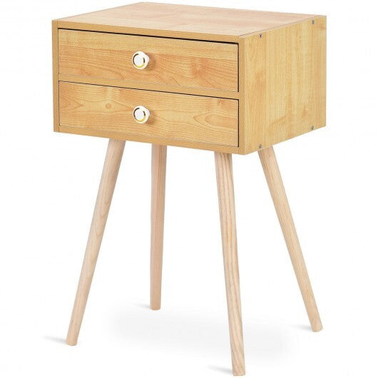 Mid Century Modern 2 Drawers Nightstand in Natural-White