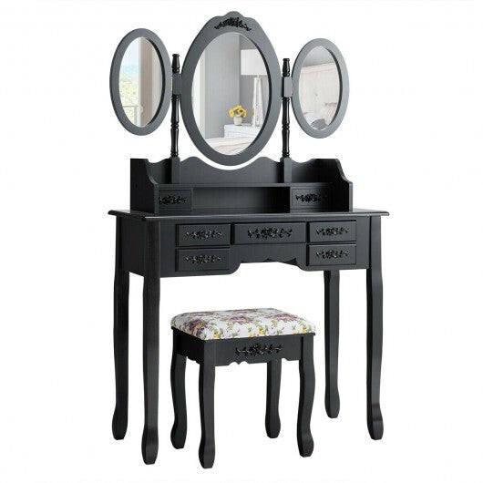 7 Drawer Tri-Folding Mirror Dressing Vanity Makeup Set-White