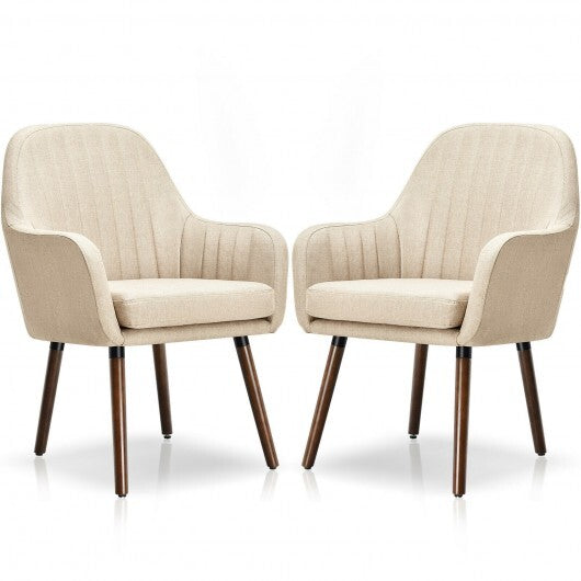 Set of 2 Fabric Upholstered Accent Chairs with Wooden Legs-Beige