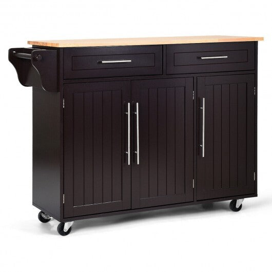 Kitchen Island Trolley Wood Top Rolling Storage Cabinet Cart with Knife Block-Black