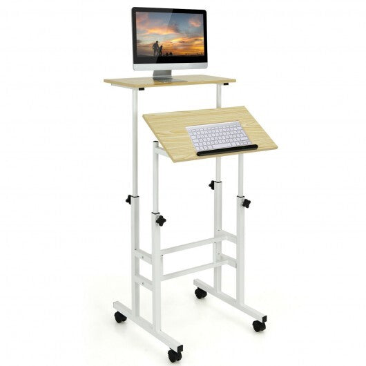 Height-adjustable Mobile Standing Desk with Split Top and Adjustable Angle-Natural - Color: Natural