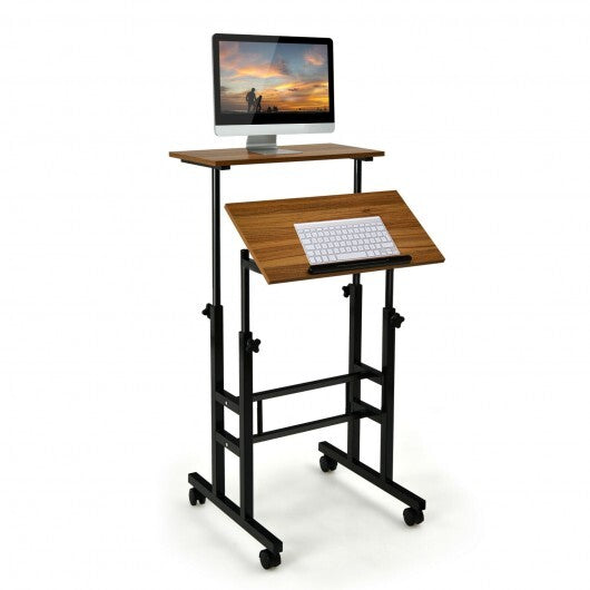 Height-adjustable Mobile Standing Desk with Split Top and Adjustable Angle-Walnut - Color: Walnut