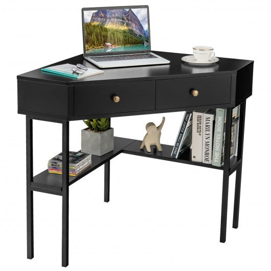Triangle Corner Desk with Charging Station with 2 Drawers and Storage Shelf-Black