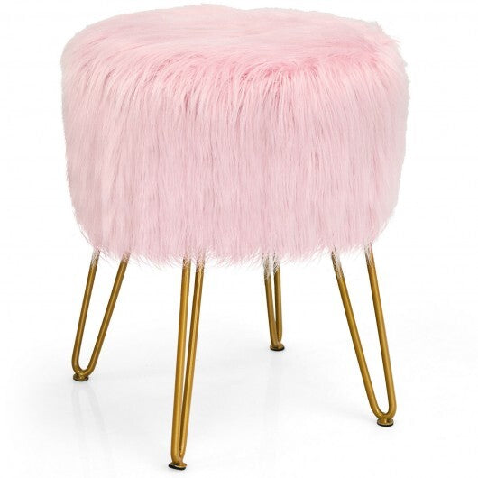 Faux Fur Vanity Stool Chair with Metal Legs for Bedroom and Living Room-White