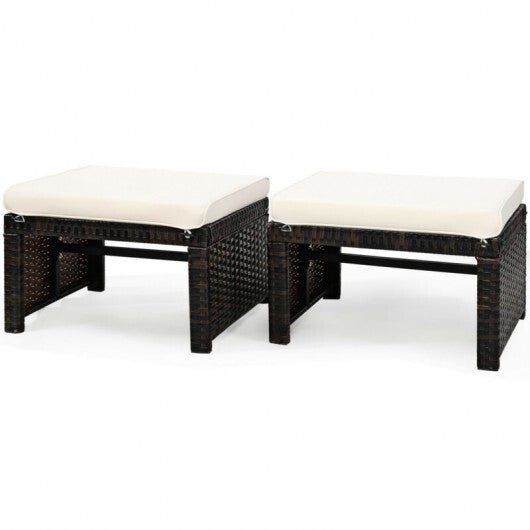 2 Pieces Patio Rattan Ottomans with Soft Cushion for Patio and Garden-White