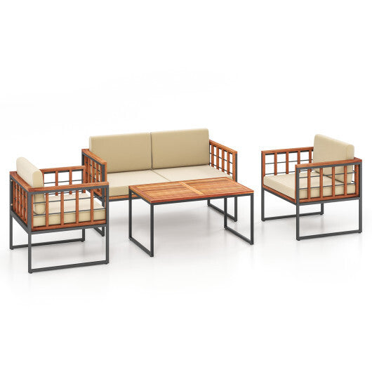 4 Pieces Acacia Wood Outdoor Sofa Set for Balcony Porch Backyard Poolside