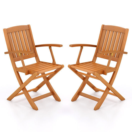 Patio Wood Folding Chair Set of 2 with Armrests and Slatted Seat