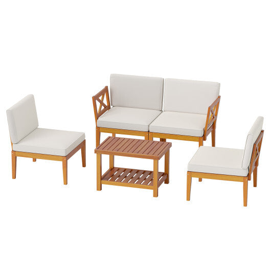 5 Pieces Acacia Wood Patio Furniture Set Outdoor Sectional Conversation Set with Cushions-Off White