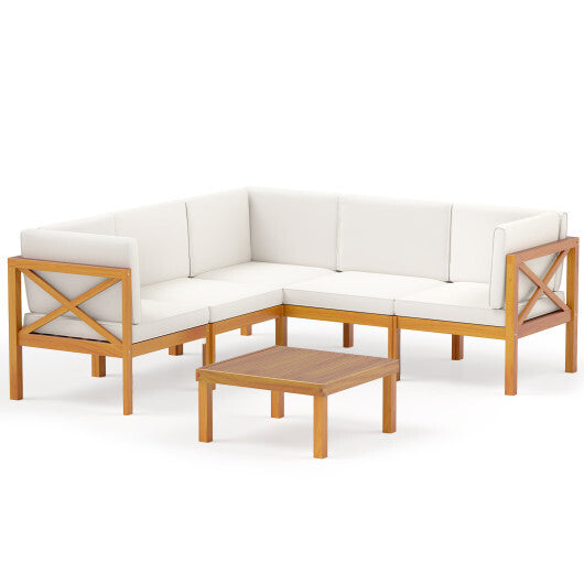 Outdoor 6 Pieces Acacia Wood Patio Sectional Furniture Set-Off White