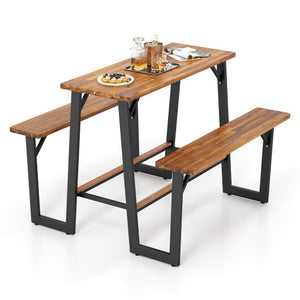 Patio Picnic Table Bench Set with Acacia Wood Tabletop and Benchtop - Color: Natural - Size: 41-50 Inch