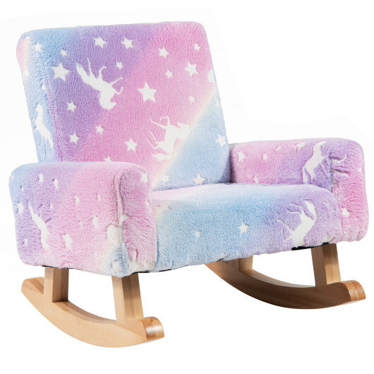 Kids Rocking Chair Upholstered Flannel Children Rocker with Solid Poplar Wood Rocking Feet-Pink